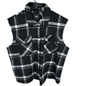 Oat Sleeveless Flannel Button Up Mens Large Black White Plaid Wool Blend Raw Hem